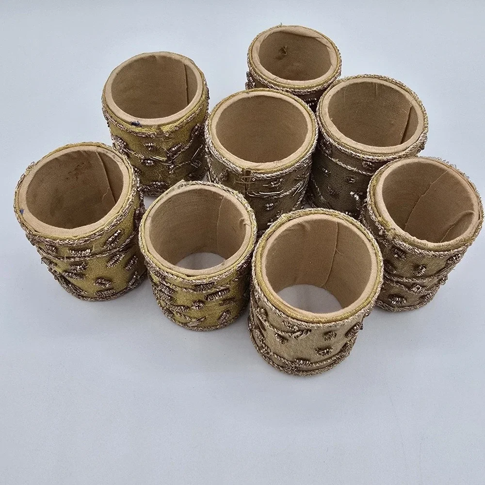 Set‎ (8) Vtg Round Napkin Rings Holders Gold-Tone Cloth Wrapped Bead Jewels